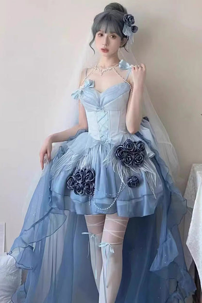 Lolita JSK Dress - Swan Wonderland, Blue, Short Version, Short Length, Bow Detail - main product image