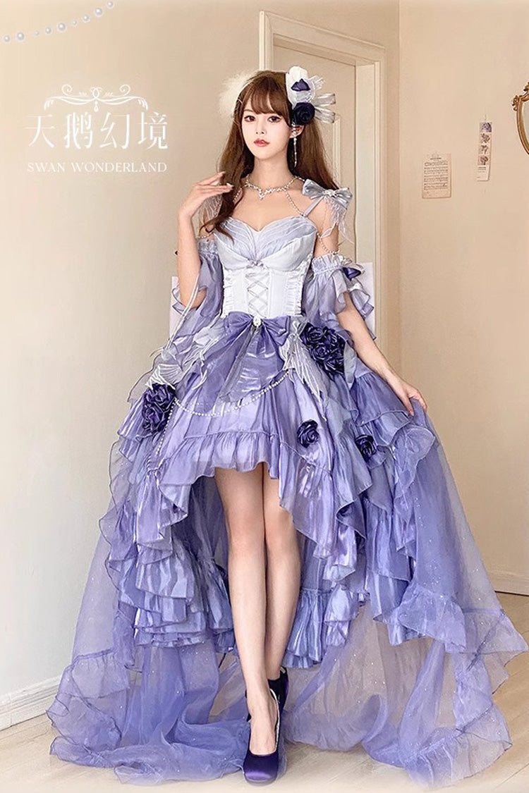 Lolita JSK Dress - Swan Wonderland, Purple, High-Low Hem, Bow Detail, Lace Trim - additional product view 2