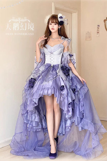 Lolita JSK Dress - Swan Wonderland, Purple, High-Low Hem, Bow Detail, Lace Trim - additional product view 2