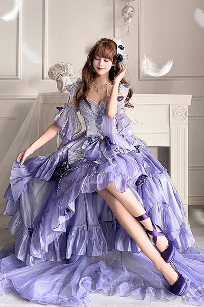 Lolita JSK Dress - Swan Wonderland, Purple, High-Low Hem, Bow Detail, Lace Trim - additional product view 3