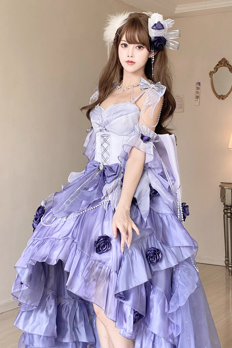 Lolita JSK Dress - Swan Wonderland, Purple, High-Low Hem, Bow Detail, Lace Trim - additional product view 5