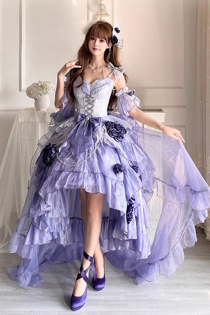 Lolita JSK Dress - Swan Wonderland, Purple, High-Low Hem, Bow Detail, Lace Trim - main product image