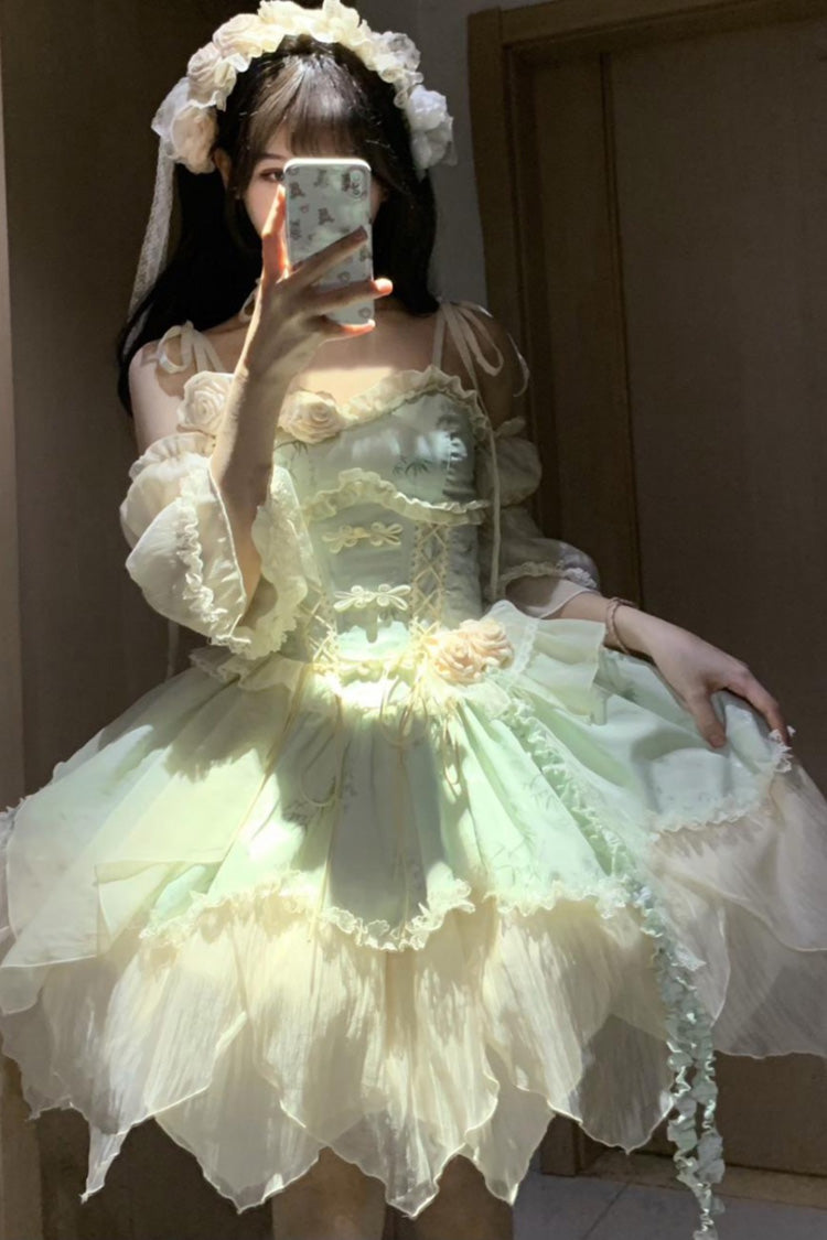 Lolita JSK Dress - Tea Bamboo Song, Green, Short Version, Detachable Detail, Short Length - additional product view 2