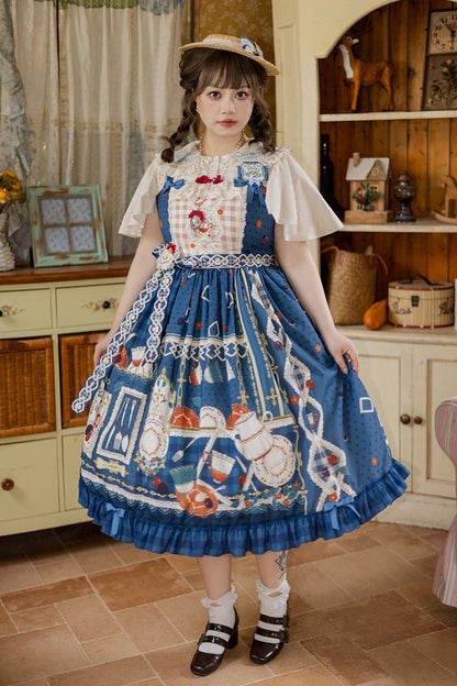 Lolita JSK Dress - Tea Party, Blue, Ruffled, Printed, Sweet Style - main product image