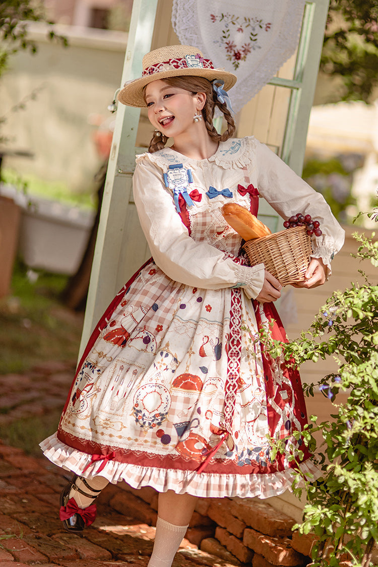 Lolita JSK Dress - Tea Party, Red, Lace Trim, Ruffled, Printed - additional product view 2