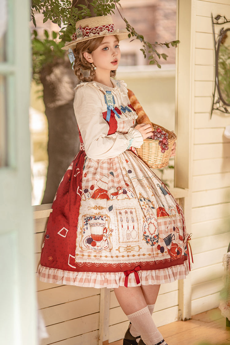 Lolita JSK Dress - Tea Party, Red, Lace Trim, Ruffled, Printed - additional product view 3