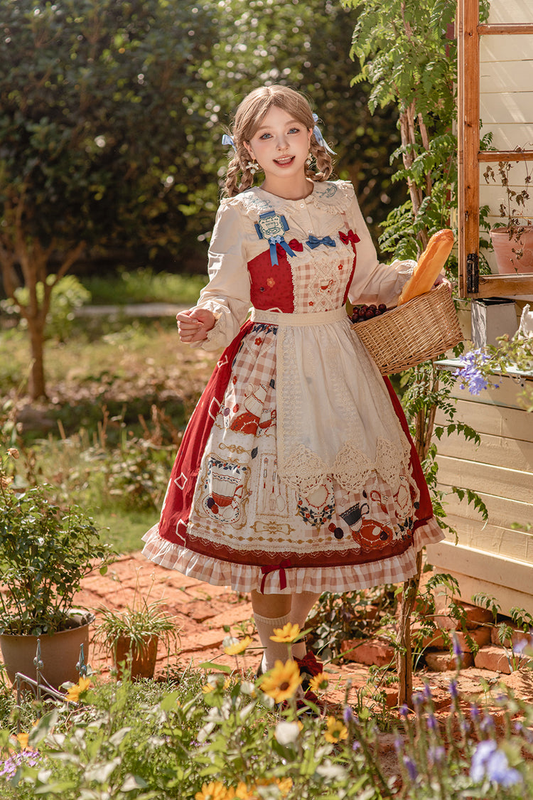 Lolita JSK Dress - Tea Party, Red, Lace Trim, Ruffled, Printed - additional product view 4