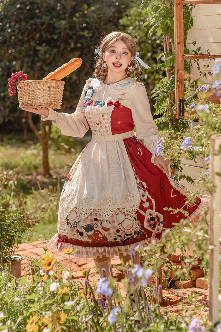 Lolita JSK Dress - Tea Party, Red, Lace Trim, Ruffled, Printed - additional product view 5