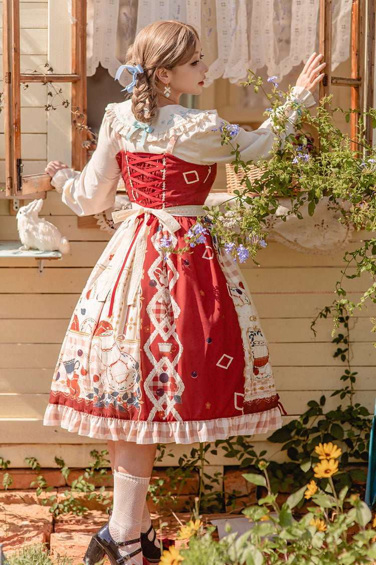 Lolita JSK Dress - Tea Party, Red, Lace Trim, Ruffled, Printed - additional product view 6