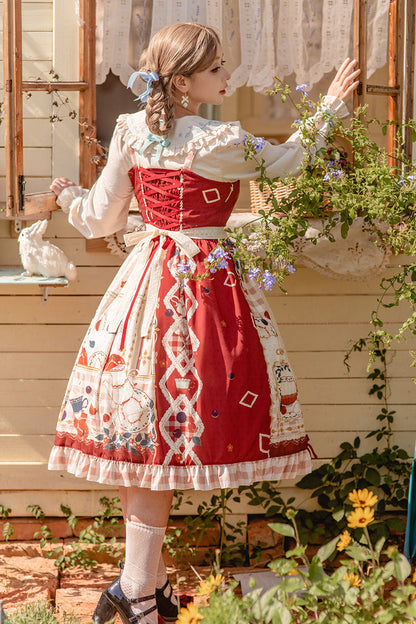 Lolita JSK Dress - Tea Party, Red, Lace Trim, Ruffled, Printed - additional product view 6
