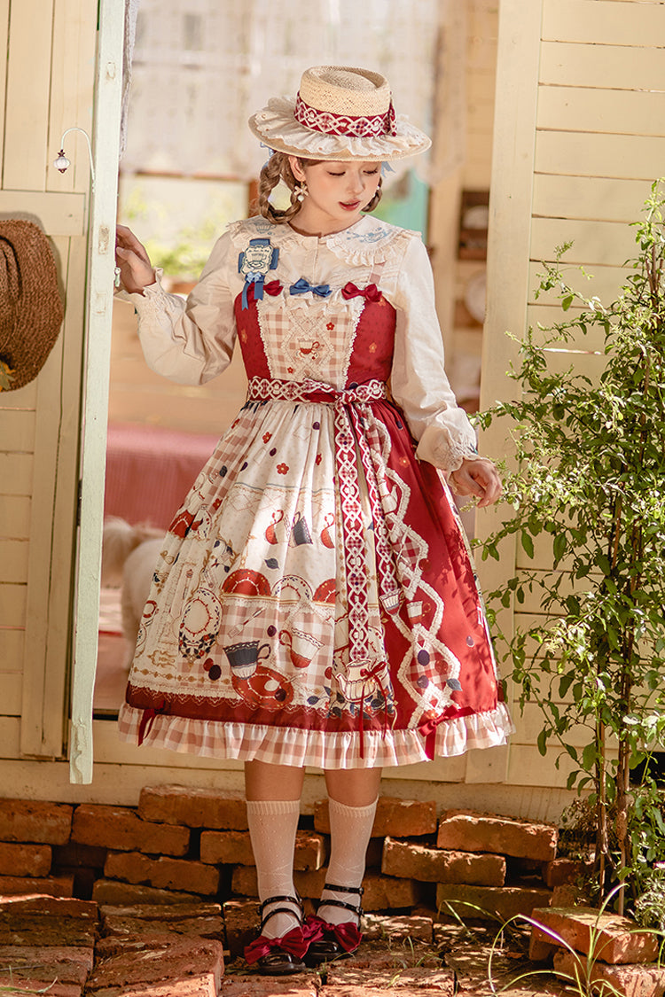 Lolita JSK Dress - Tea Party, Red, Lace Trim, Ruffled, Printed - main product image