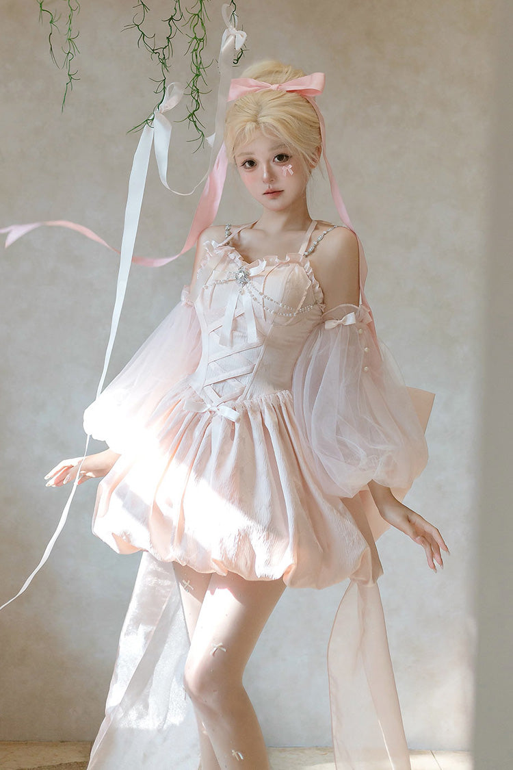 Lolita JSK Dress - The Runaway Princess, Pink, Lace-Up, Sweet Style, Bow Detail - main product image