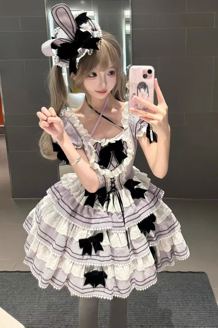 Lolita JSK Dress - Triple-layered, 2 Colors, Ruffled, Printed, Lace-Up - main product image