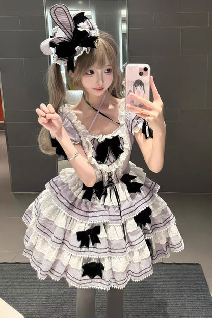 Lolita JSK Dress - Triple-layered, 2 Colors, Ruffled, Printed, Lace-Up - main product image