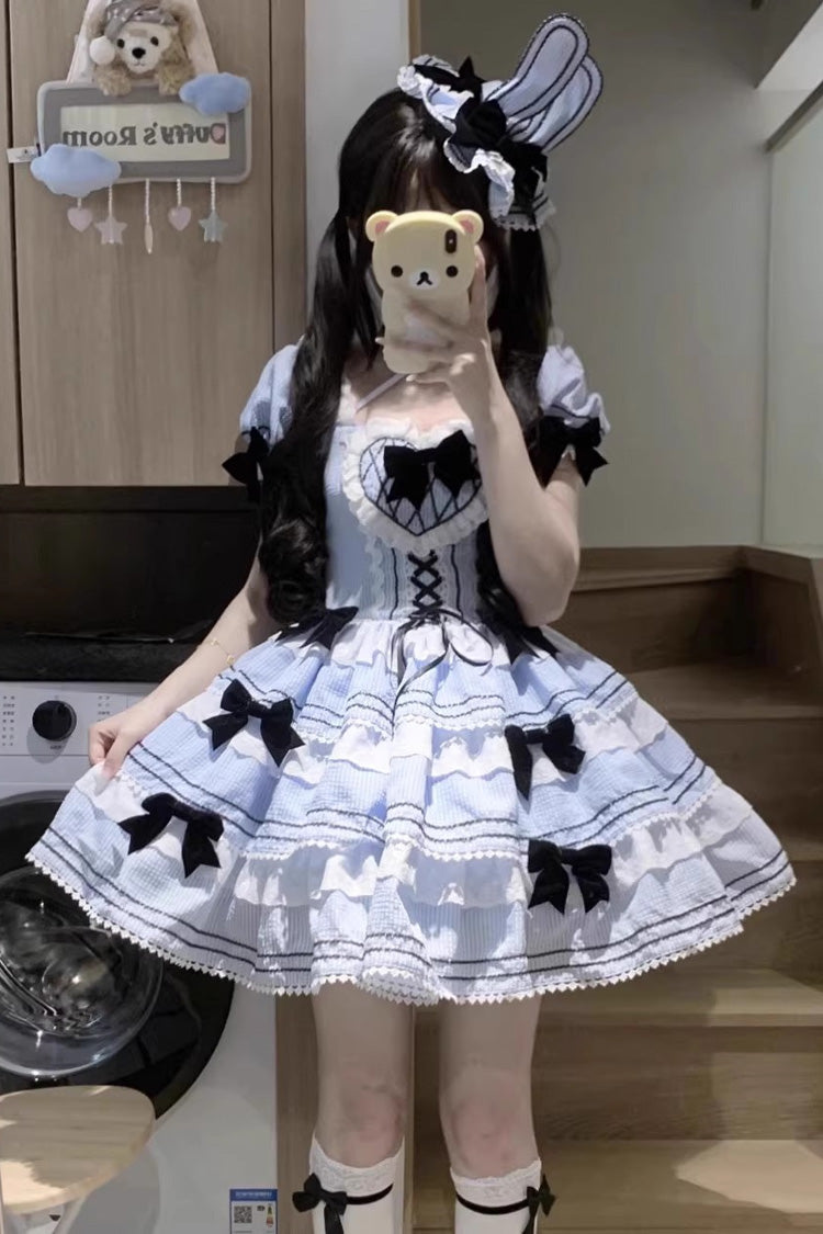Lolita JSK Dress - Triple-layered, 2 Colors, Ruffled, Printed, Lace-Up - S Blue / M Blue / L Blue option