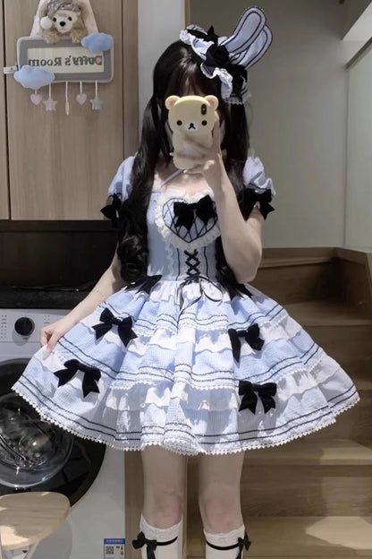 Lolita JSK Dress - Triple-layered, 2 Colors, Ruffled, Printed, Lace-Up - S Blue / M Blue / L Blue option