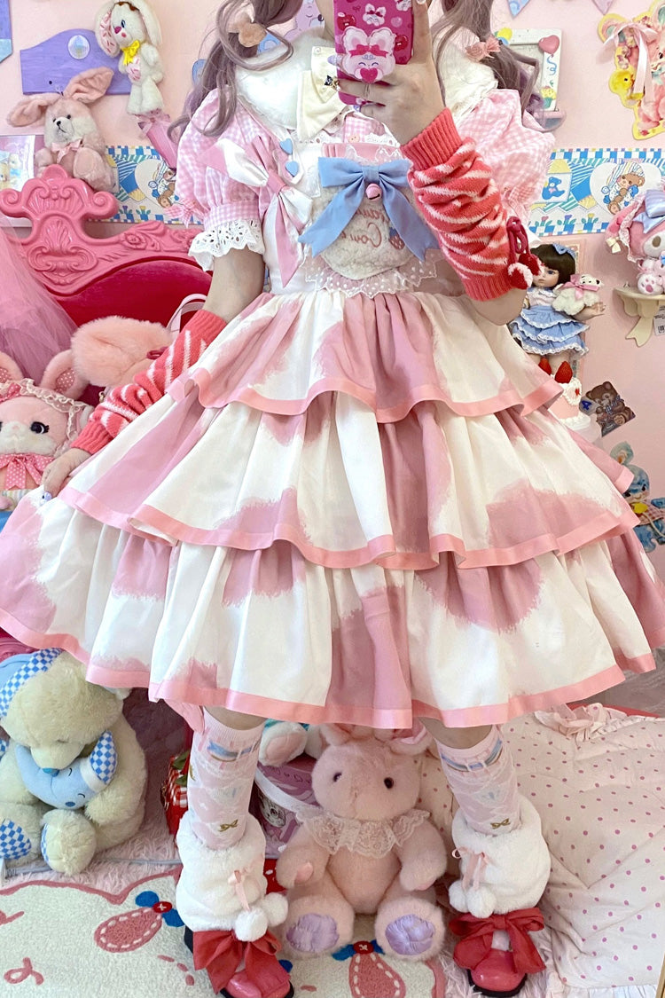 Lolita JSK Dress - Triple-layered Cow Print Ruffle, Pink, Bow Detail, Ruffled, Printed - additional product view 2