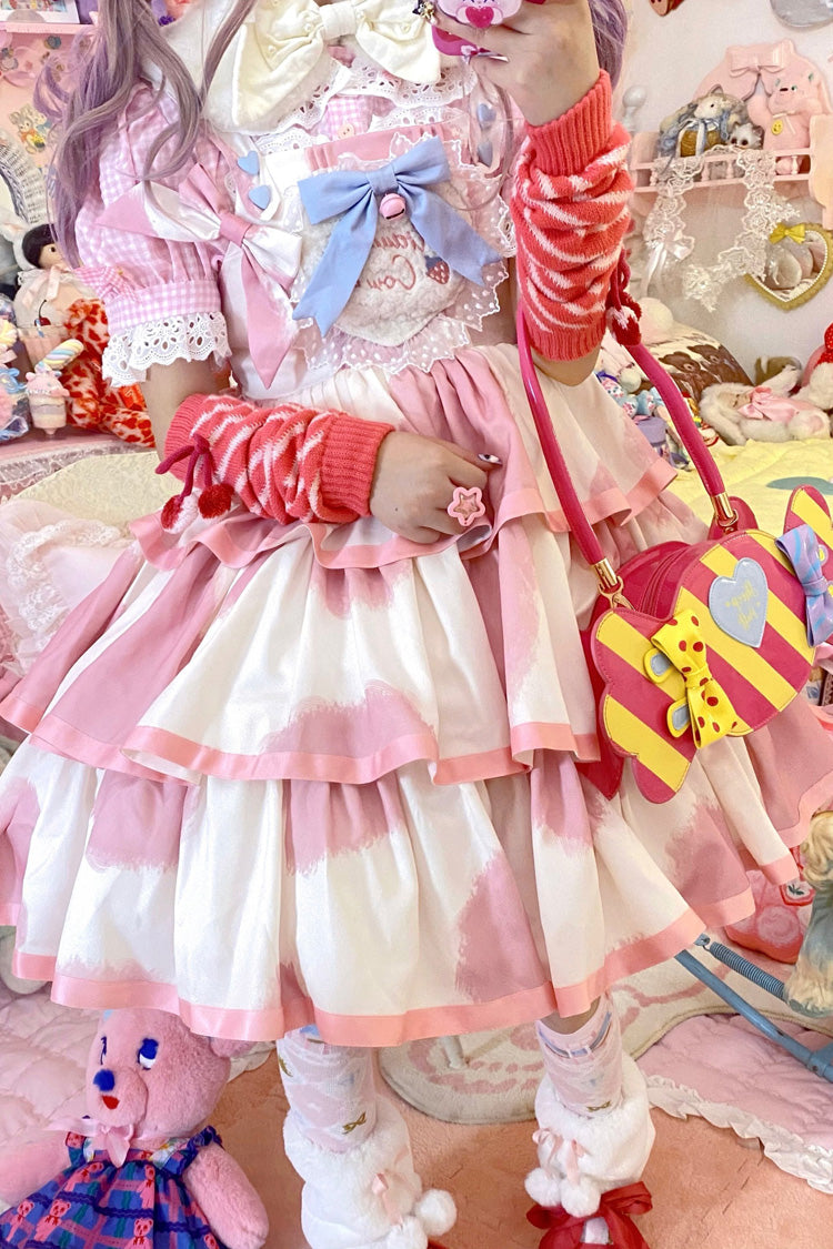 Lolita JSK Dress - Triple-layered Cow Print Ruffle, Pink, Bow Detail, Ruffled, Printed - additional product view 3