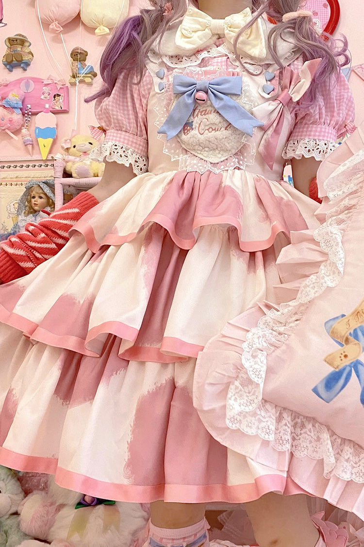 Lolita JSK Dress - Triple-layered Cow Print Ruffle, Pink, Bow Detail, Ruffled, Printed - additional product view 4