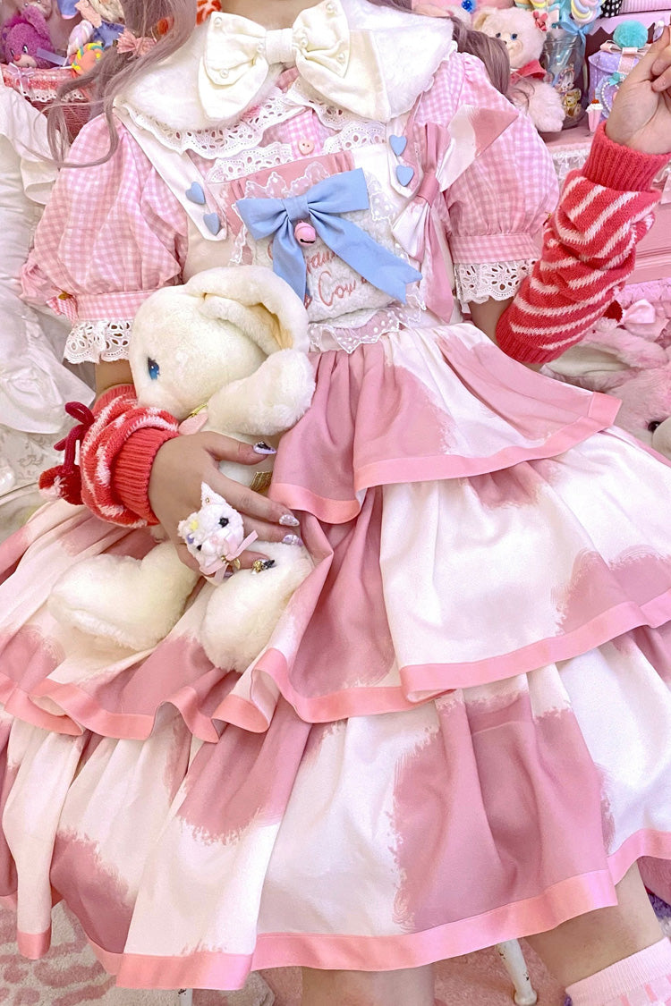 Lolita JSK Dress - Triple-layered Cow Print Ruffle, Pink, Bow Detail, Ruffled, Printed - additional product view 5