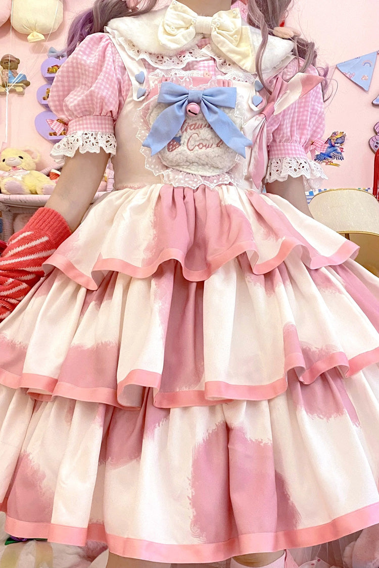 Lolita JSK Dress - Triple-layered Cow Print Ruffle, Pink, Bow Detail, Ruffled, Printed - additional product view 6