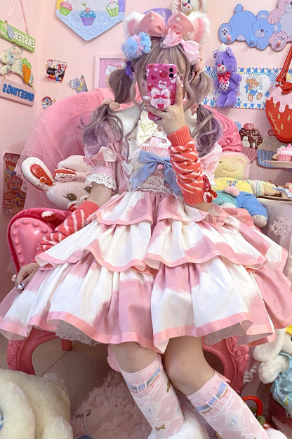 Lolita JSK Dress - Triple-layered Cow Print Ruffle, Pink, Bow Detail, Ruffled, Printed - additional product view 8