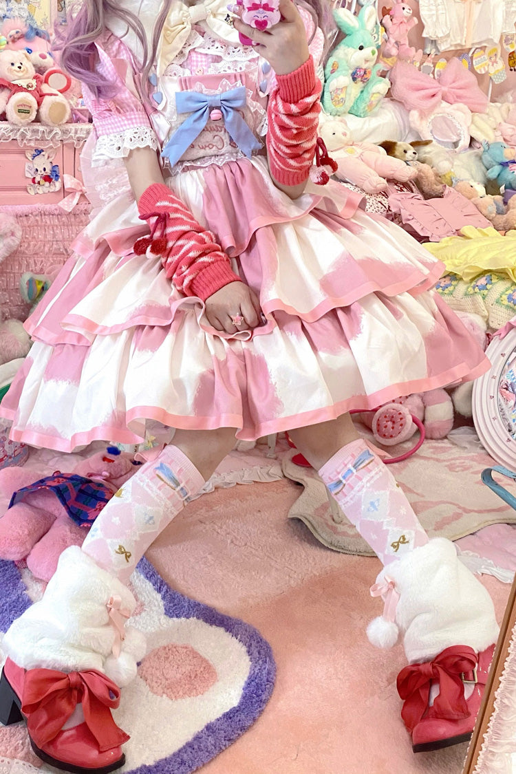 Lolita JSK Dress - Triple-layered Cow Print Ruffle, Pink, Bow Detail, Ruffled, Printed - additional product view 10