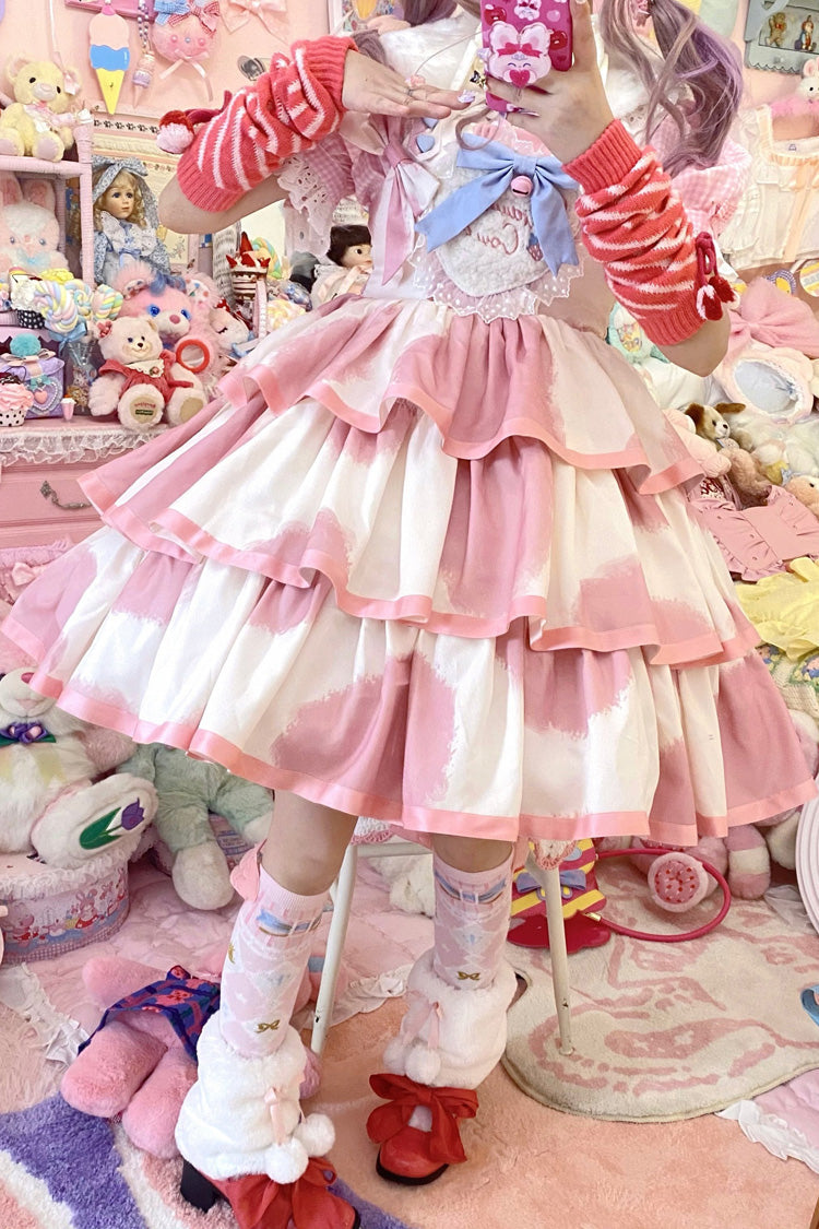 Lolita JSK Dress - Triple-layered Cow Print Ruffle, Pink, Bow Detail, Ruffled, Printed - main product image