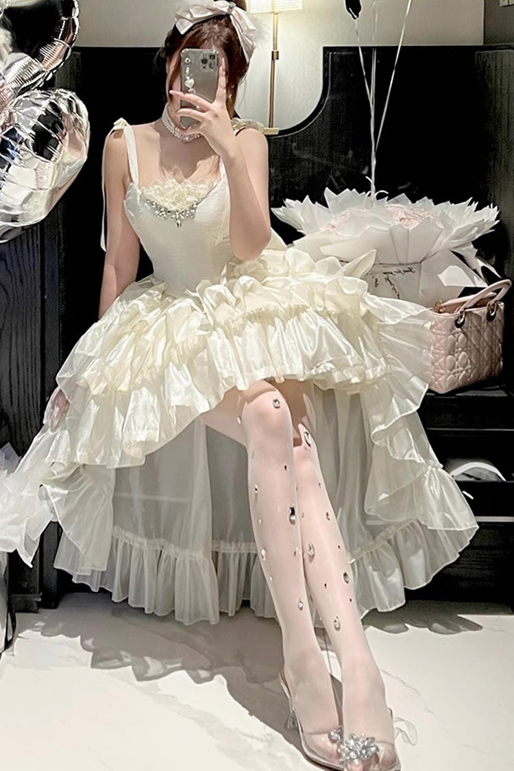 Lolita JSK Dress - Triple-layered, White, Bow Detail, Lace Trim, Ruffled - additional product view 2