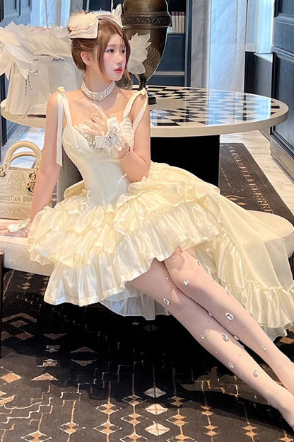 Lolita JSK Dress - Triple-layered, White, Bow Detail, Lace Trim, Ruffled - additional product view 3