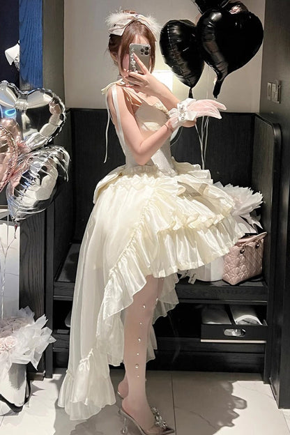 Lolita JSK Dress - Triple-layered, White, Bow Detail, Lace Trim, Ruffled - additional product view 5