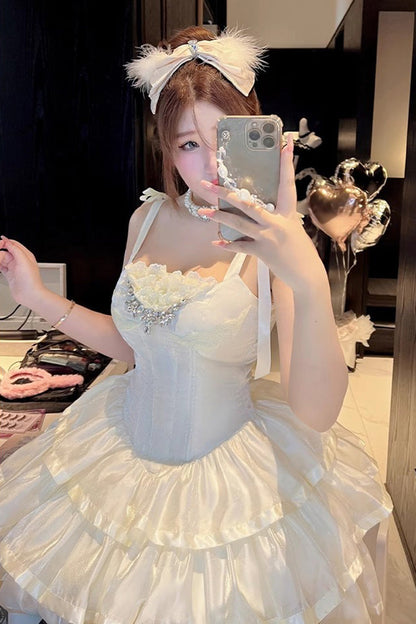 Lolita JSK Dress - Triple-layered, White, Bow Detail, Lace Trim, Ruffled - additional product view 6