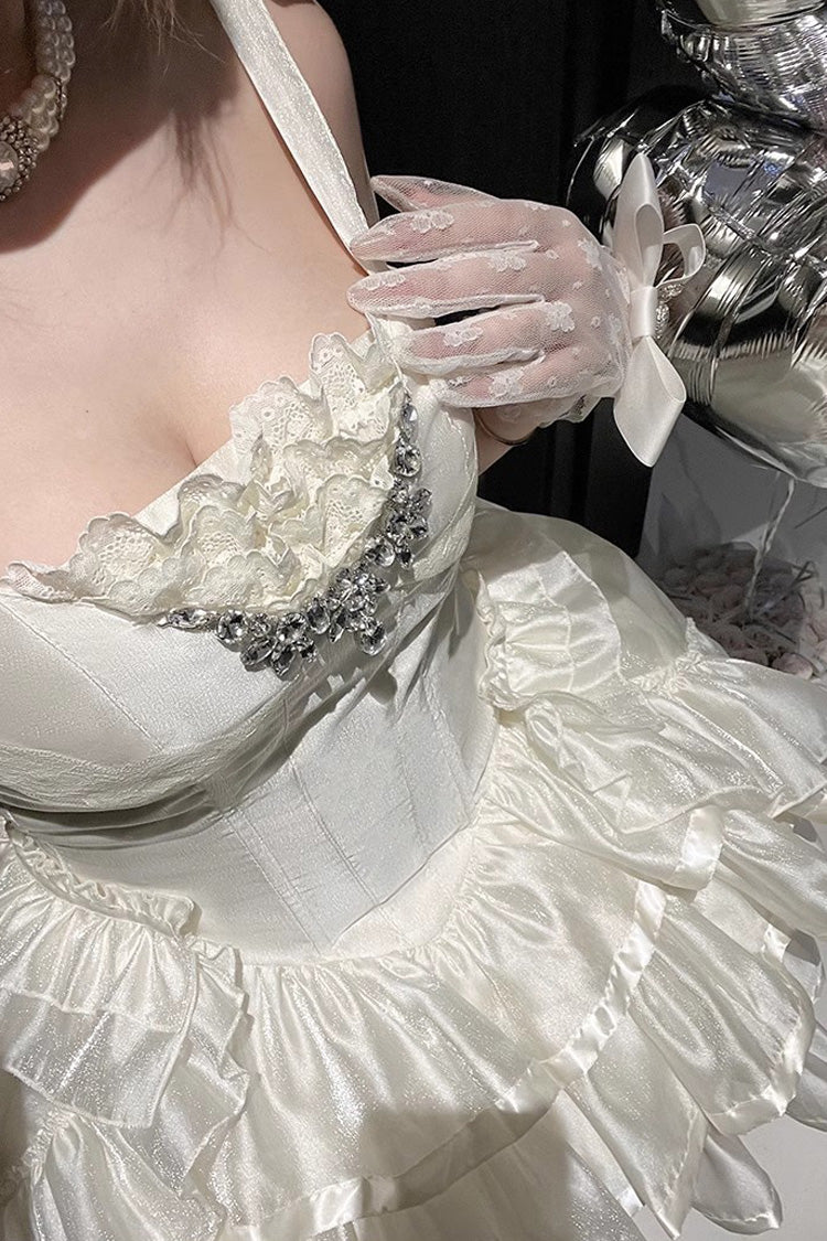 Lolita JSK Dress - Triple-layered, White, Bow Detail, Lace Trim, Ruffled - additional product view 7