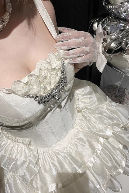 Lolita JSK Dress - Triple-layered, White, Bow Detail, Lace Trim, Ruffled - additional product view 7