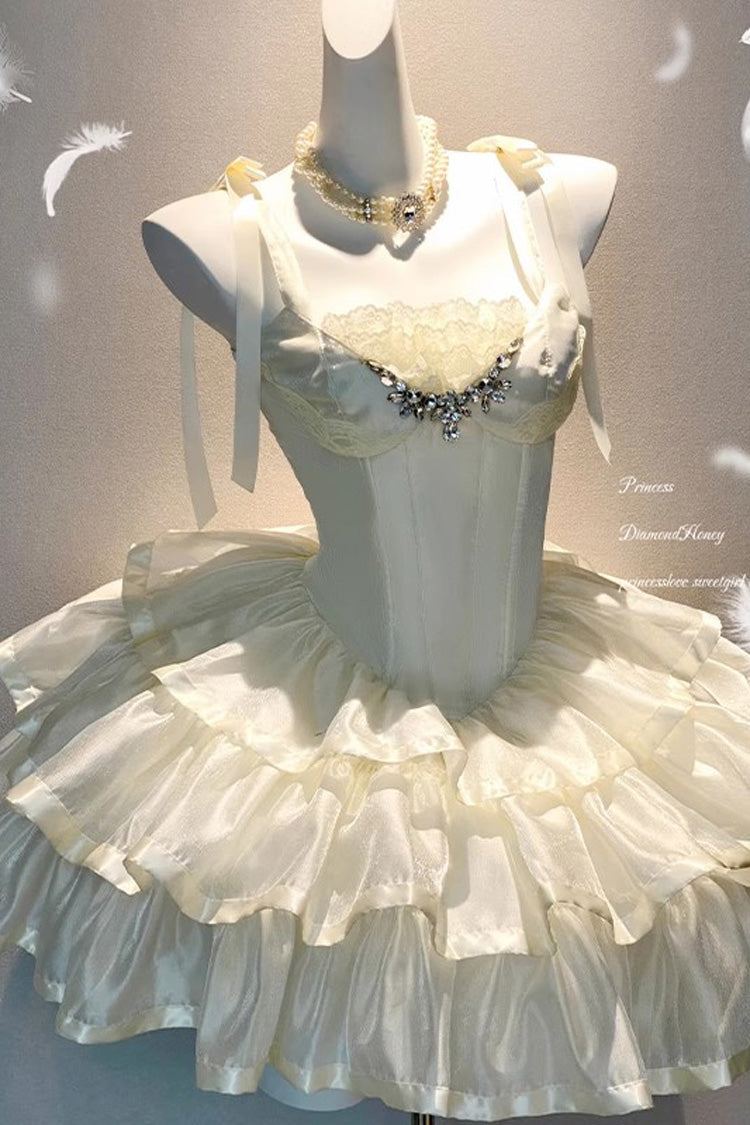 Lolita JSK Dress - Triple-layered, White, Bow Detail, Lace Trim, Ruffled - main product image