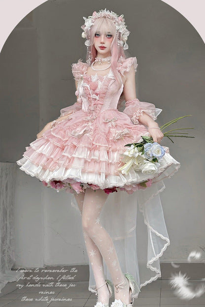 Lolita JSK Dress - Tulip And Wind Chime, Pink, Sweet Style, Bow Detail, Lace Trim - additional product view 4