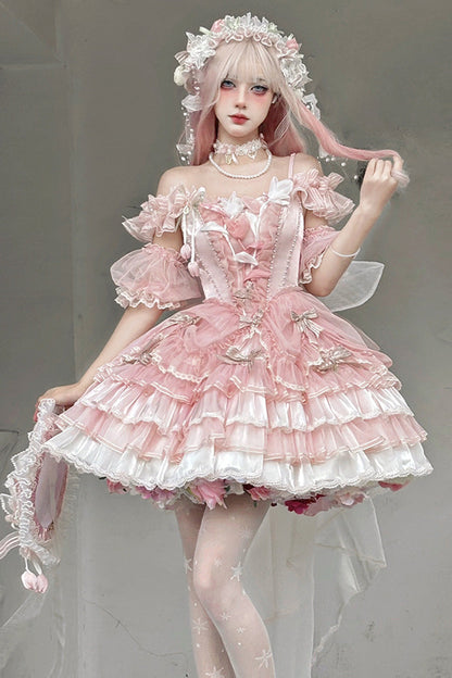 Lolita JSK Dress - Tulip And Wind Chime, Pink, Sweet Style, Bow Detail, Lace Trim - main product image
