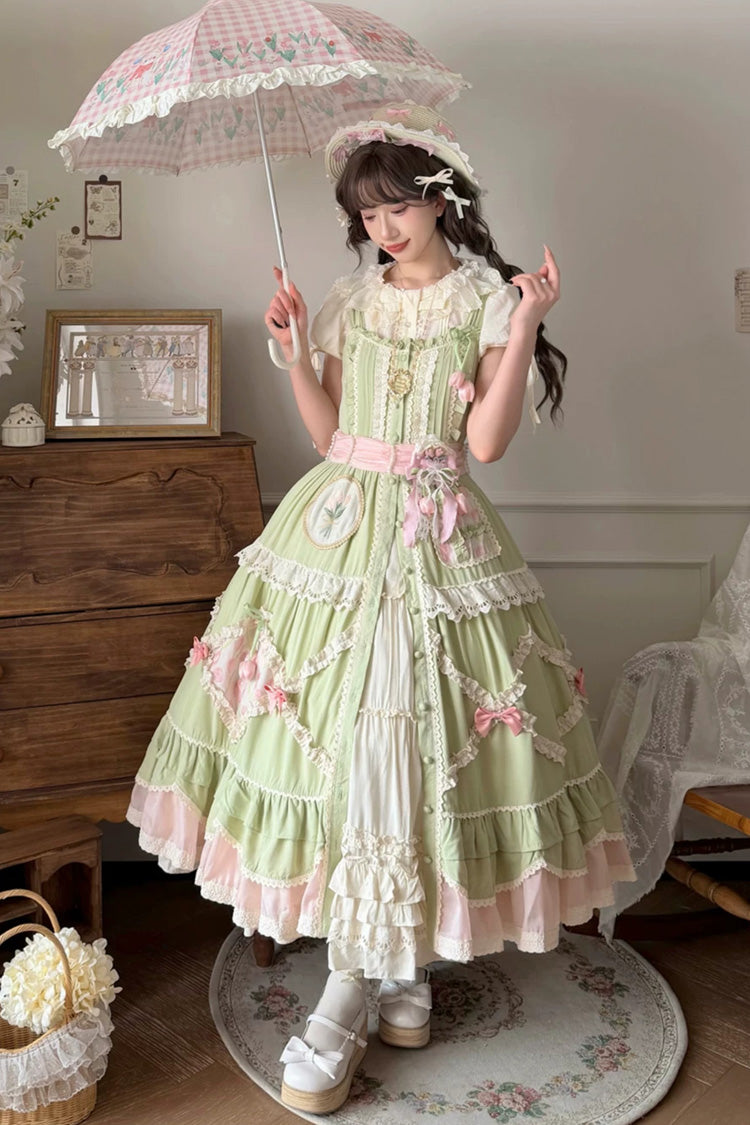 Lolita JSK Dress - Tulip Blossom Field, Green, Bow Detail, Ruffled, Layered - additional product view 2