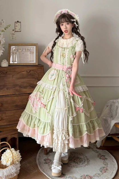 Lolita JSK Dress - Tulip Blossom Field, Green, Bow Detail, Ruffled, Layered - additional product view 3