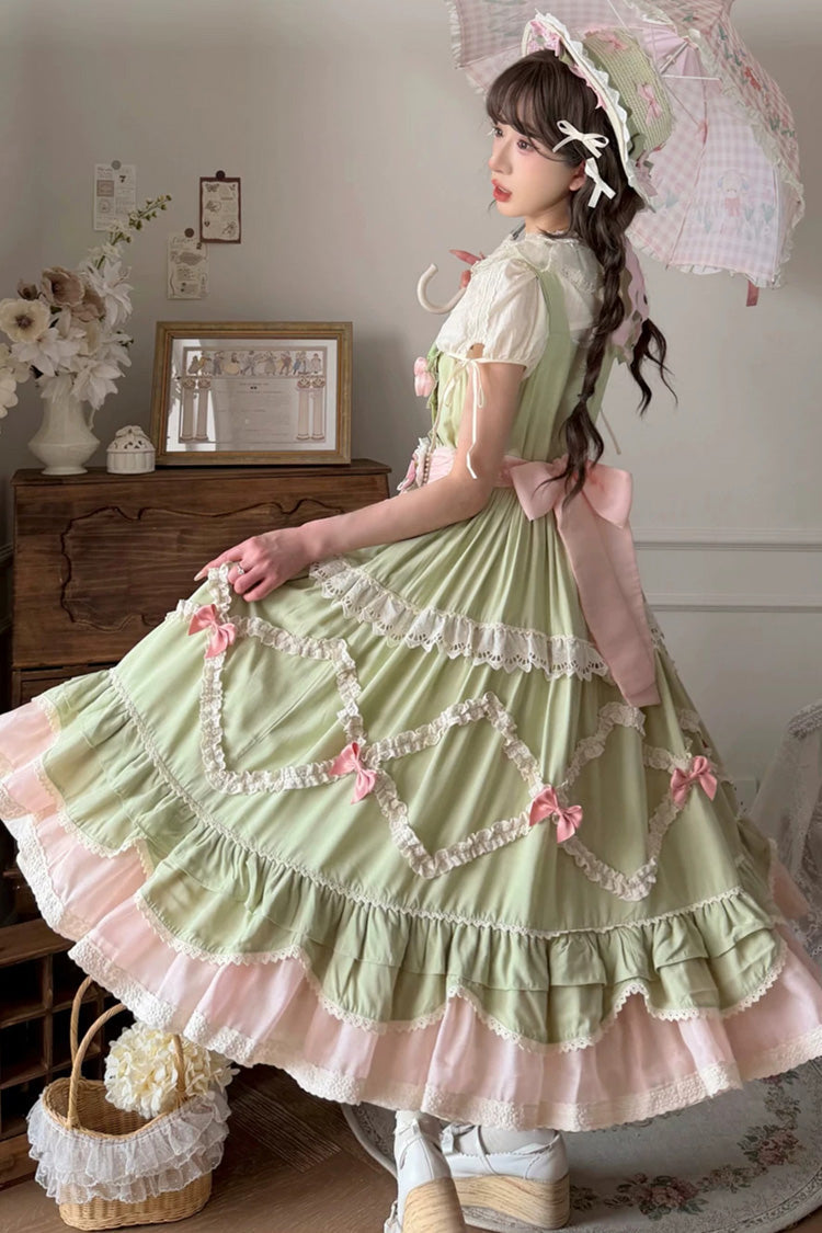 Lolita JSK Dress - Tulip Blossom Field, Green, Bow Detail, Ruffled, Layered - additional product view 4