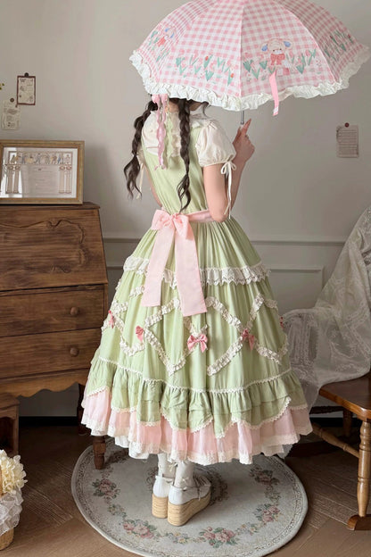Lolita JSK Dress - Tulip Blossom Field, Green, Bow Detail, Ruffled, Layered - additional product view 5