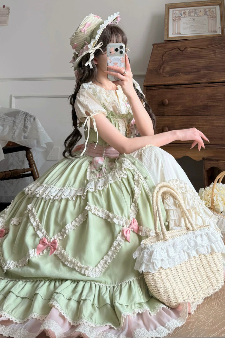Lolita JSK Dress - Tulip Blossom Field, Green, Bow Detail, Ruffled, Layered - additional product view 6