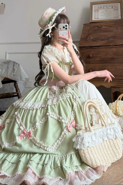 Lolita JSK Dress - Tulip Blossom Field, Green, Bow Detail, Ruffled, Layered - additional product view 6