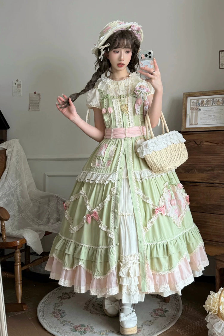 Lolita JSK Dress - Tulip Blossom Field, Green, Bow Detail, Ruffled, Layered - main product image
