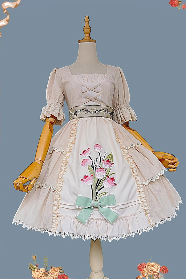 Lolita JSK Dress - Tulip Print, 3 Colors, Sweet Style, Printed, Embroidered - S Apricot / M Apricot / L Apricot option