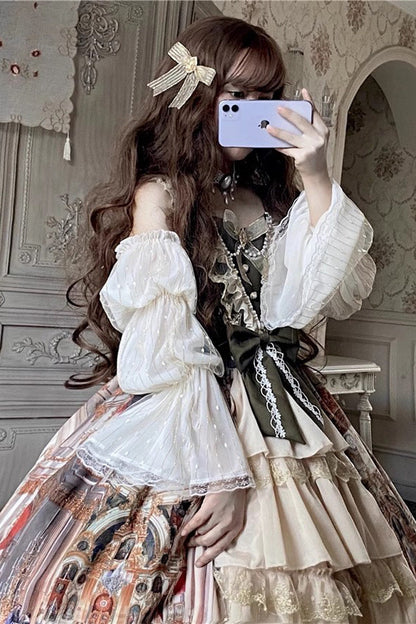 Lolita JSK Dress - Versailles Palace Oil Painting, Brown, Detachable Detail, Ruffled - additional product view 2