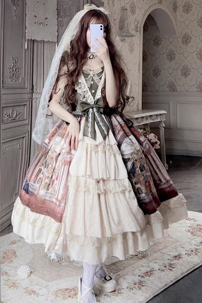 Lolita JSK Dress - Versailles Palace Oil Painting, Brown, Detachable Detail, Ruffled - main product image
