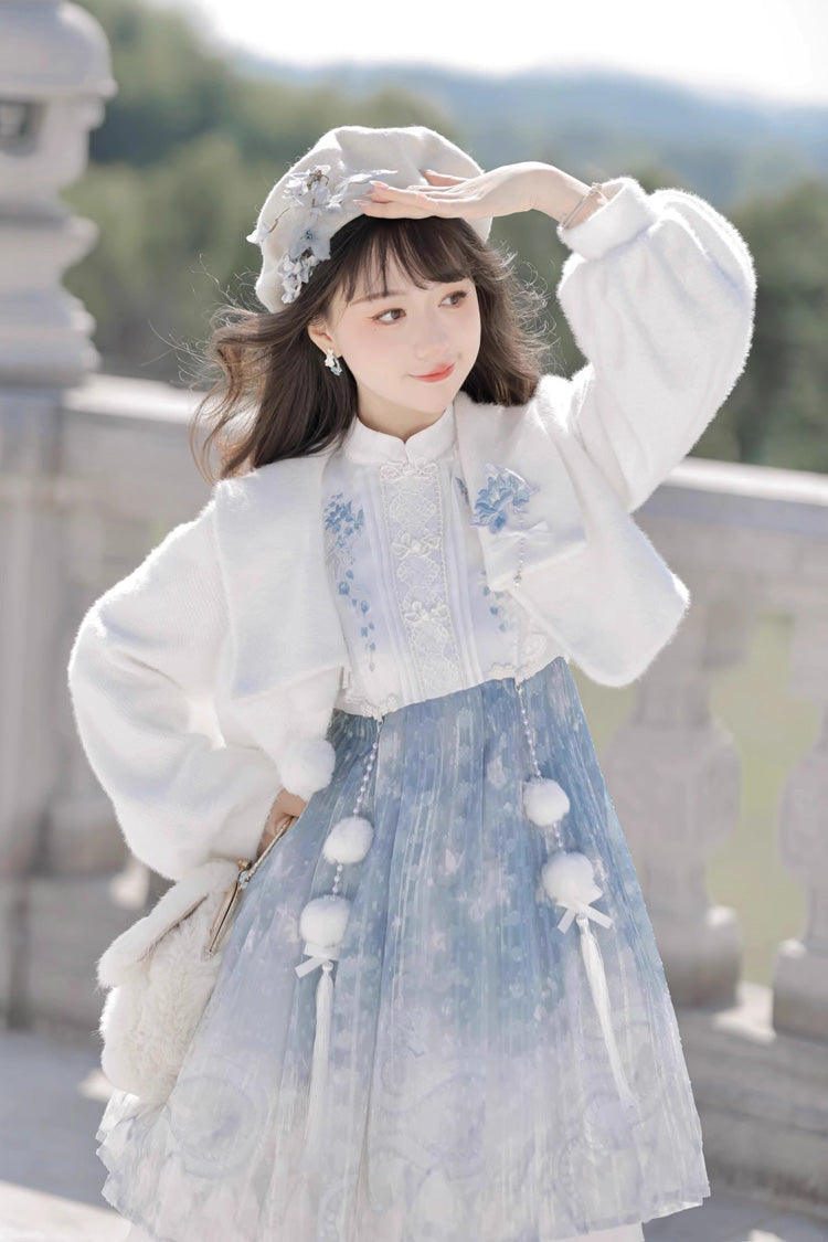 Lolita JSK Dress - White/blue, 2 Colors, Chinese-Inspired Style, Ruffled, Printed - additional product view 2