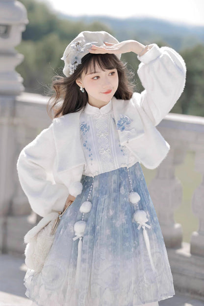 Lolita JSK Dress - White/blue, 2 Colors, Chinese-Inspired Style, Ruffled, Printed - additional product view 2
