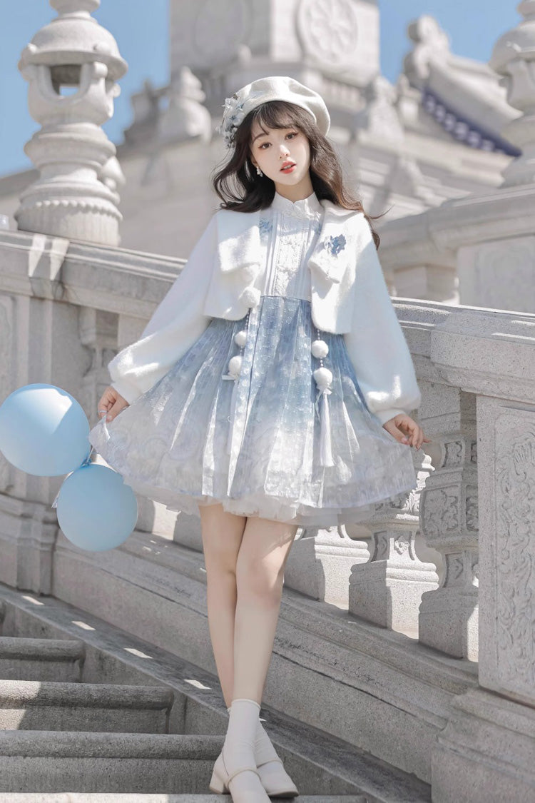 Lolita JSK Dress - White/blue, 2 Colors, Chinese-Inspired Style, Ruffled, Printed - additional product view 3
